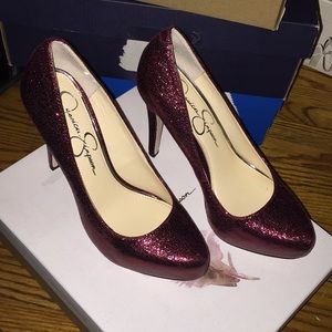 Red sparkly platform heels